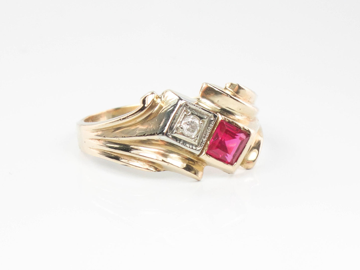 Vintage 14k Yellow Gold Ruby and Diamond Ring - Red July Birthstone Retro Style Circa 1960's - Size 5.5