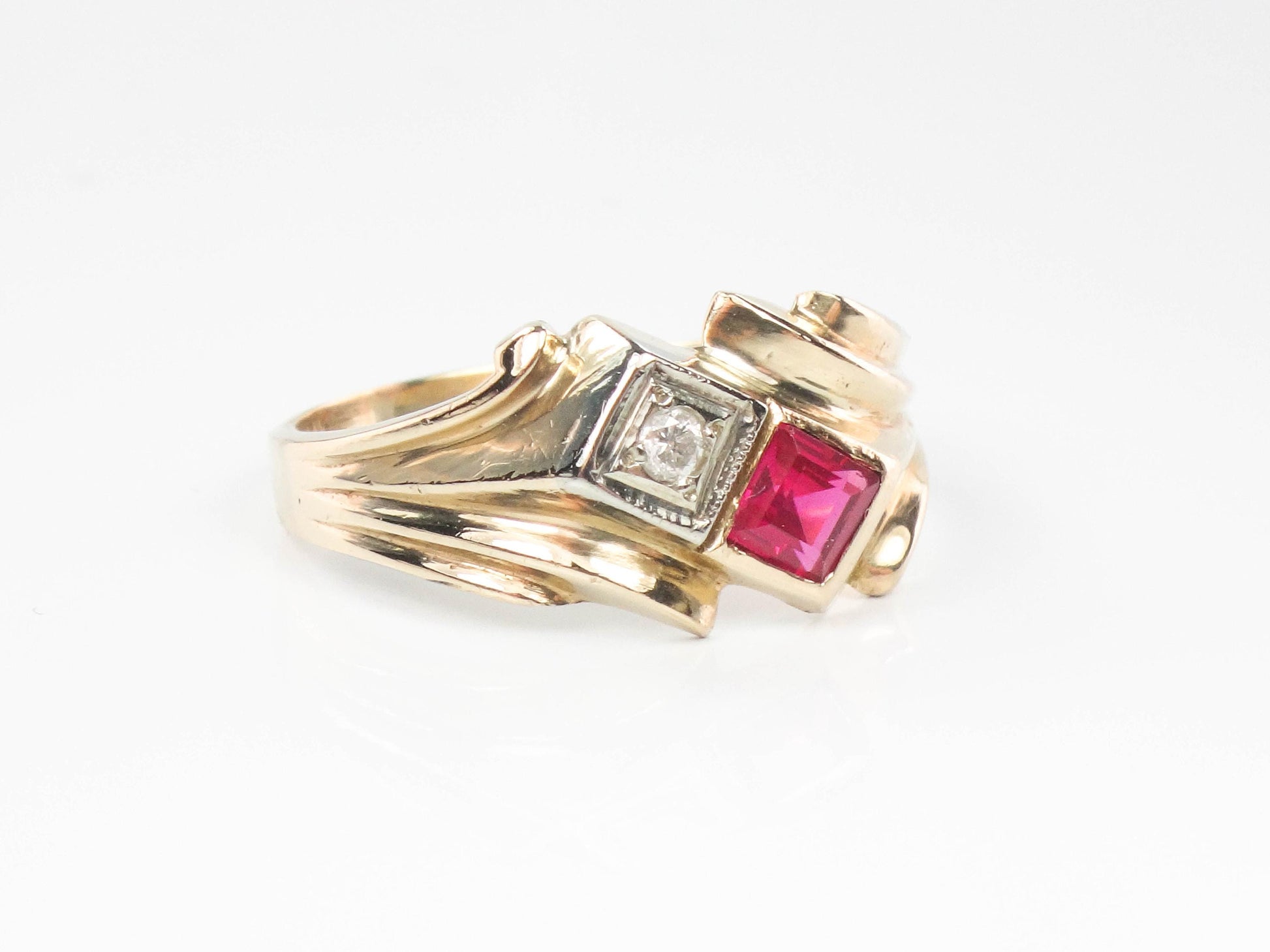 Vintage 14k Yellow Gold Ruby and Diamond Ring - Red July Birthstone Retro Style Circa 1960's - Size 5.5