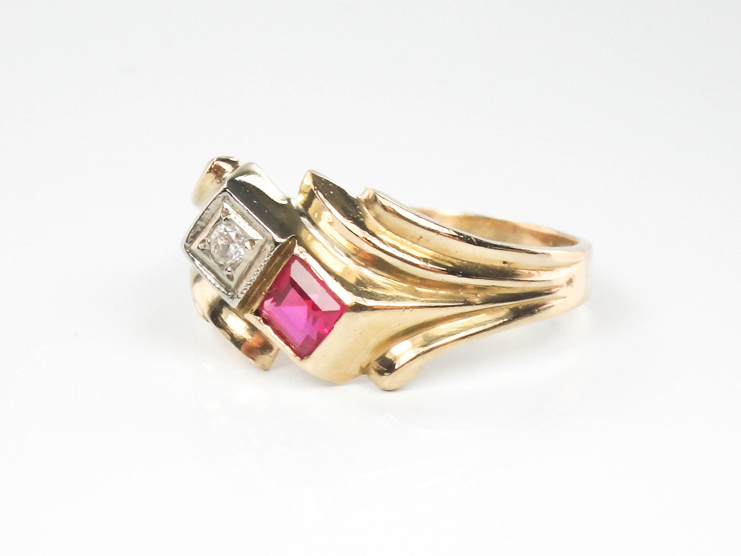 Vintage 14k Yellow Gold Ruby and Diamond Ring - Red July Birthstone Retro Style Circa 1960's - Size 5.5