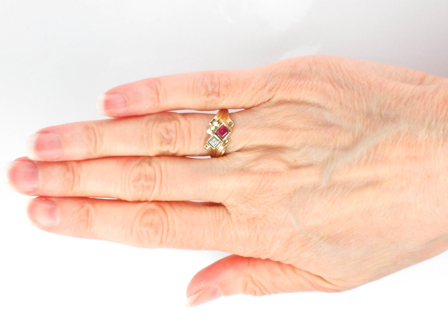 Vintage 14k Yellow Gold Ruby and Diamond Ring - Red July Birthstone Retro Style Circa 1960's - Size 5.5