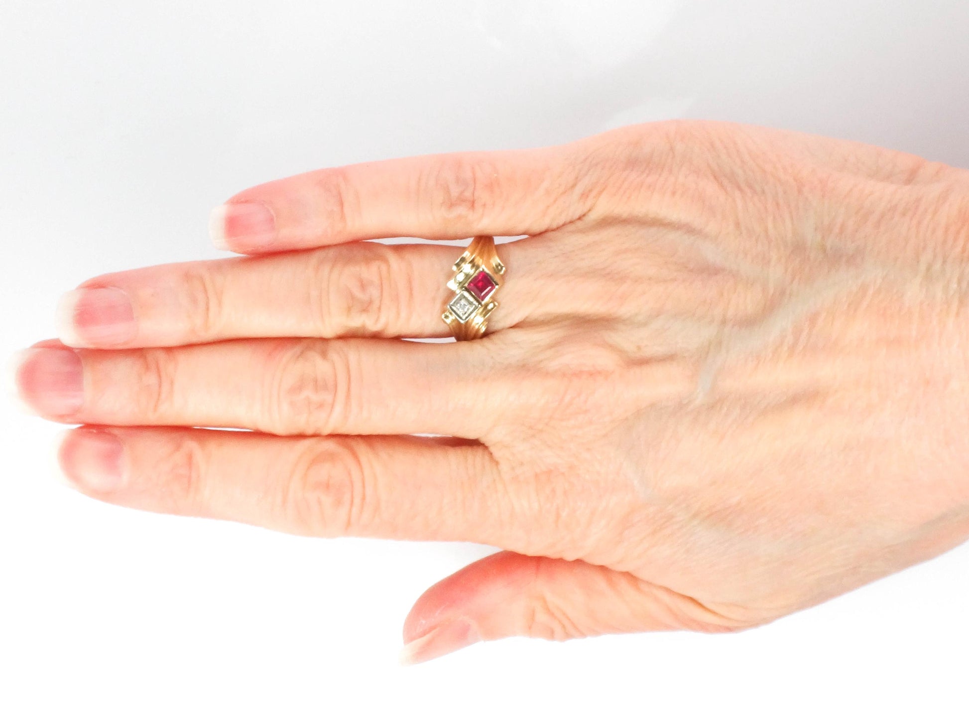 Vintage 14k Yellow Gold Ruby and Diamond Ring - Red July Birthstone Retro Style Circa 1960's - Size 5.5