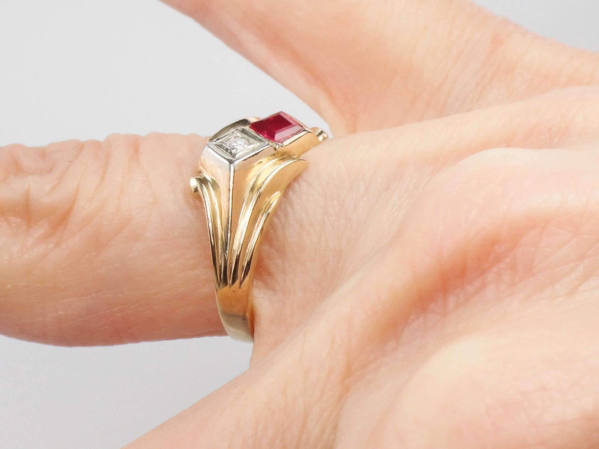 Vintage 14k Yellow Gold Ruby and Diamond Ring - Red July Birthstone Retro Style Circa 1960's - Size 5.5