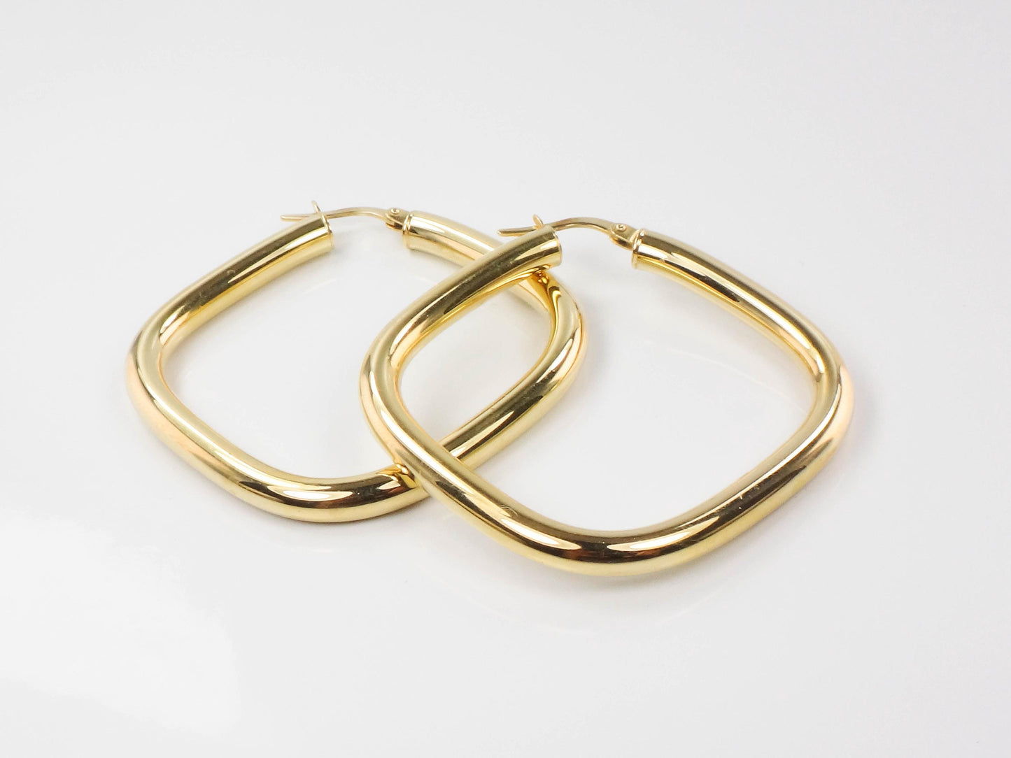 Large Gold Hoop Earrings - Vintage Italian 18k Yellow Hoops with Rounded Square Shape 1.25" 3.8 MM