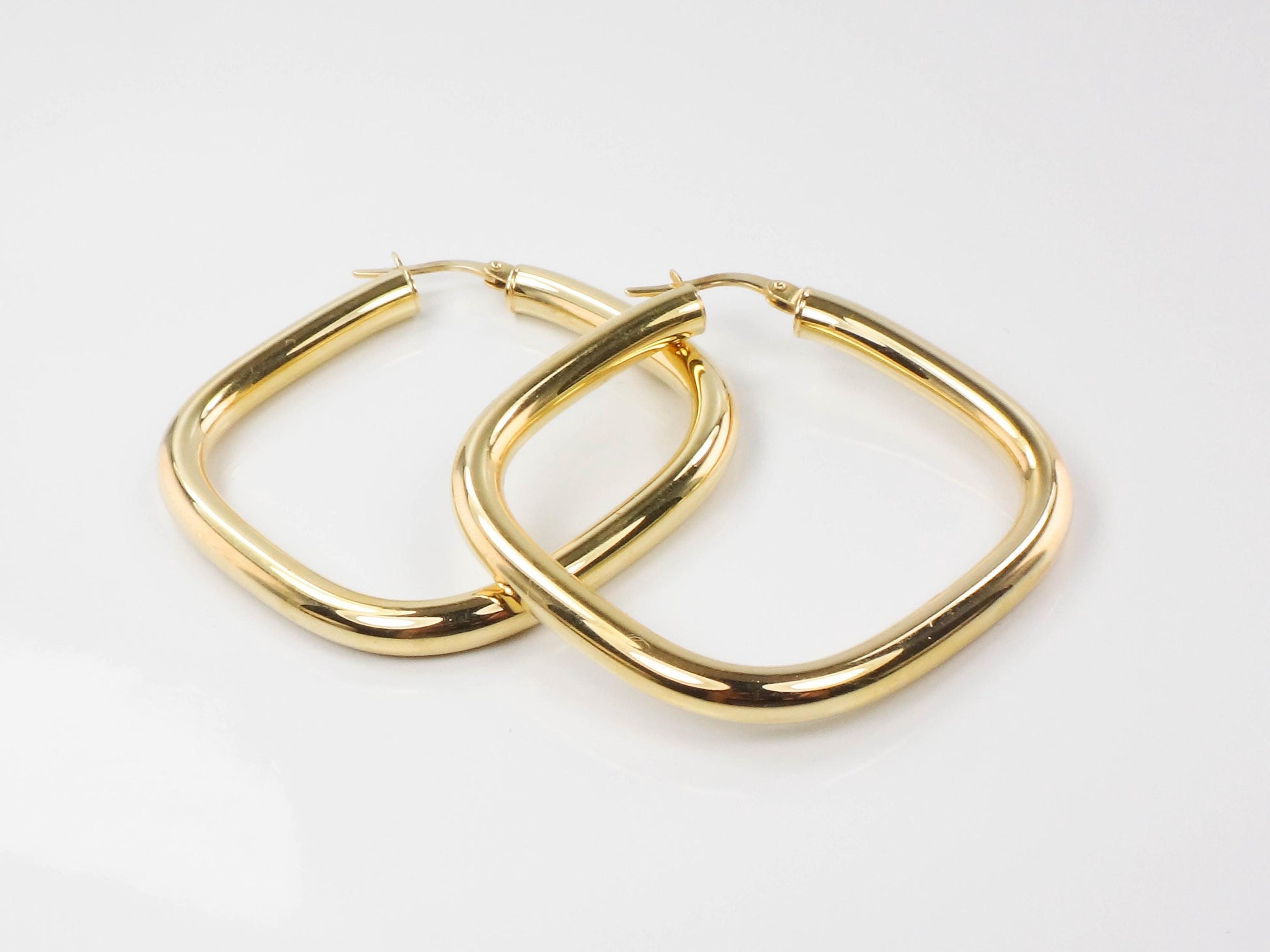 Large Gold Hoop Earrings - Vintage Italian 18k Yellow Hoops with Rounded Square Shape 1.25" 3.8 MM