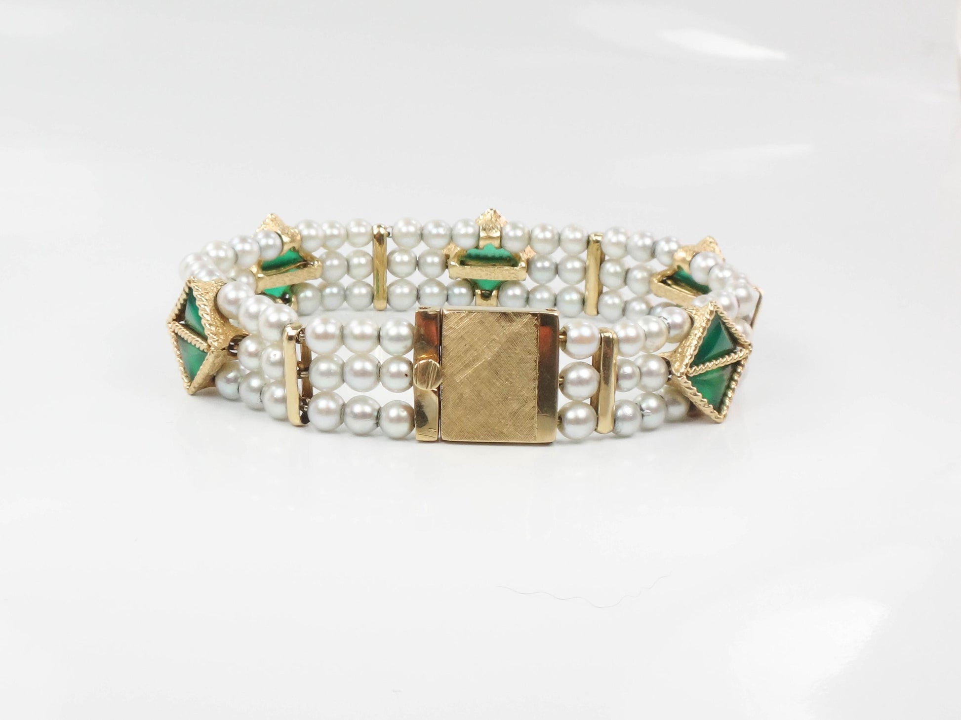 Lucien Piccard 14k Yellow Gold Triple Strand Gray Pearl Bracelet with Green Chrysoprase - Bridal Jewelry - Vintage Circa 1960’s - 7"