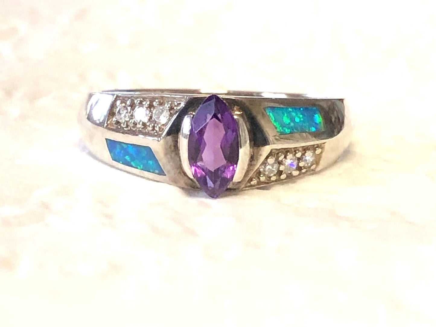Vintage Sterling Silver Amethyst and Opal Ring, AK Atasay Kuyumculuk February Birthstone Ring, Purple Stone Ring Size 10