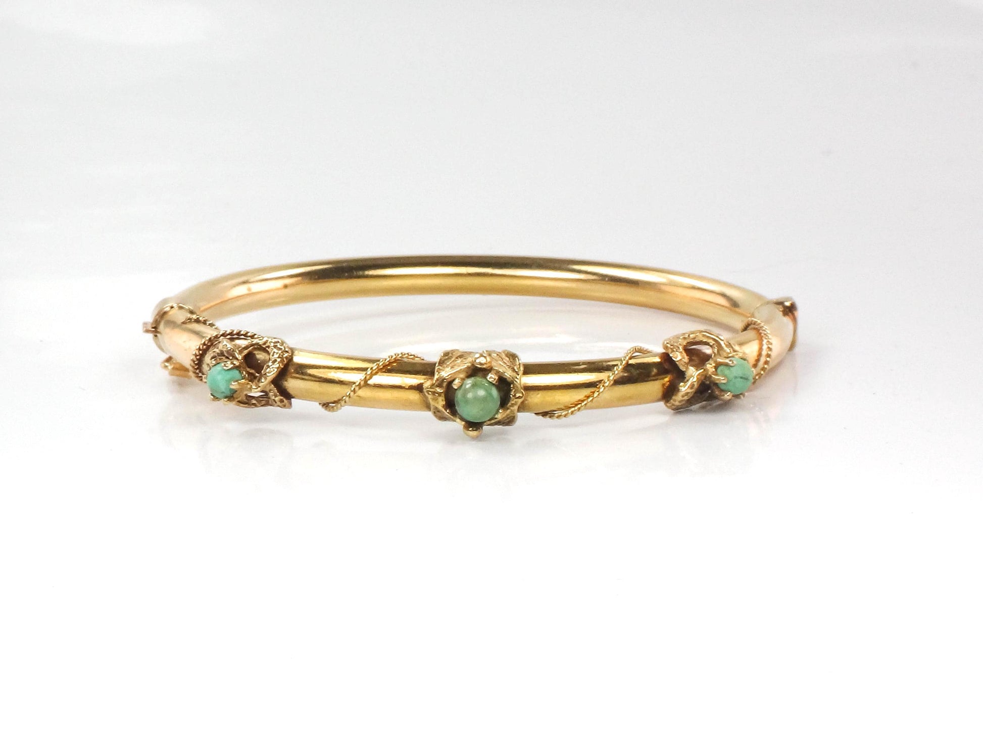 Vintage Victorian Revival 14k Yellow Gold Green Turquoise Bangle Bracelet - Small Hinged Bangle