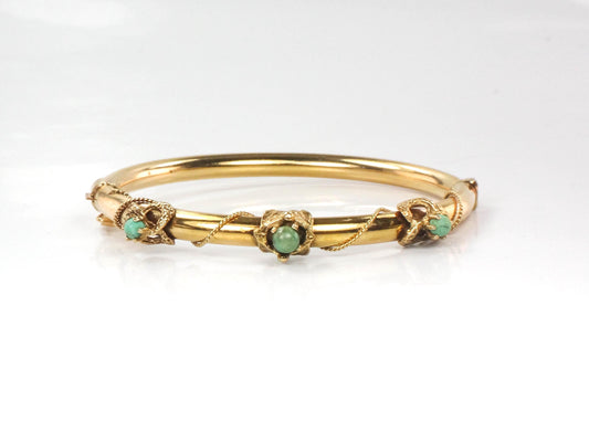 Vintage Victorian Revival 14k Yellow Gold Green Turquoise Bangle Bracelet - Small Hinged Bangle