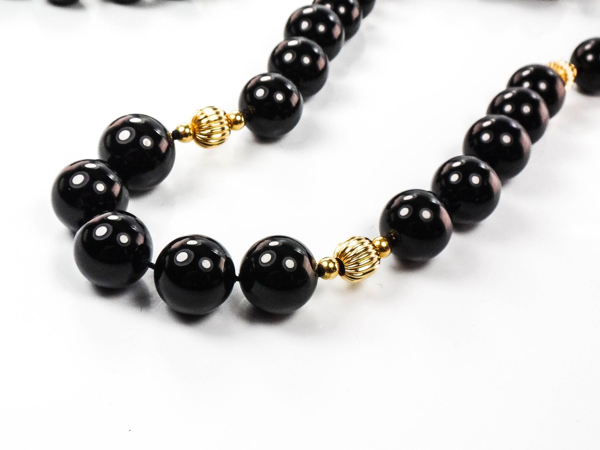 Vintage Black Onyx and 14k Gold Bead Necklace, 10 MM Natural Stone Necklace 29.5"