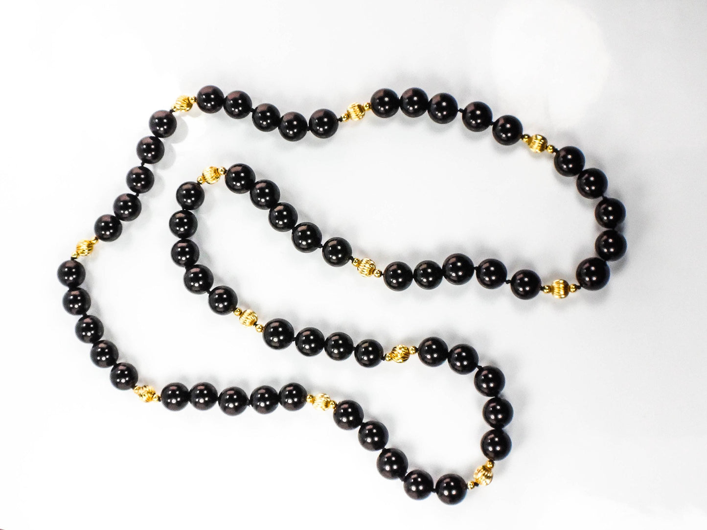 Vintage Black Onyx and 14k Gold Bead Necklace, 10 MM Natural Stone Necklace 29.5"