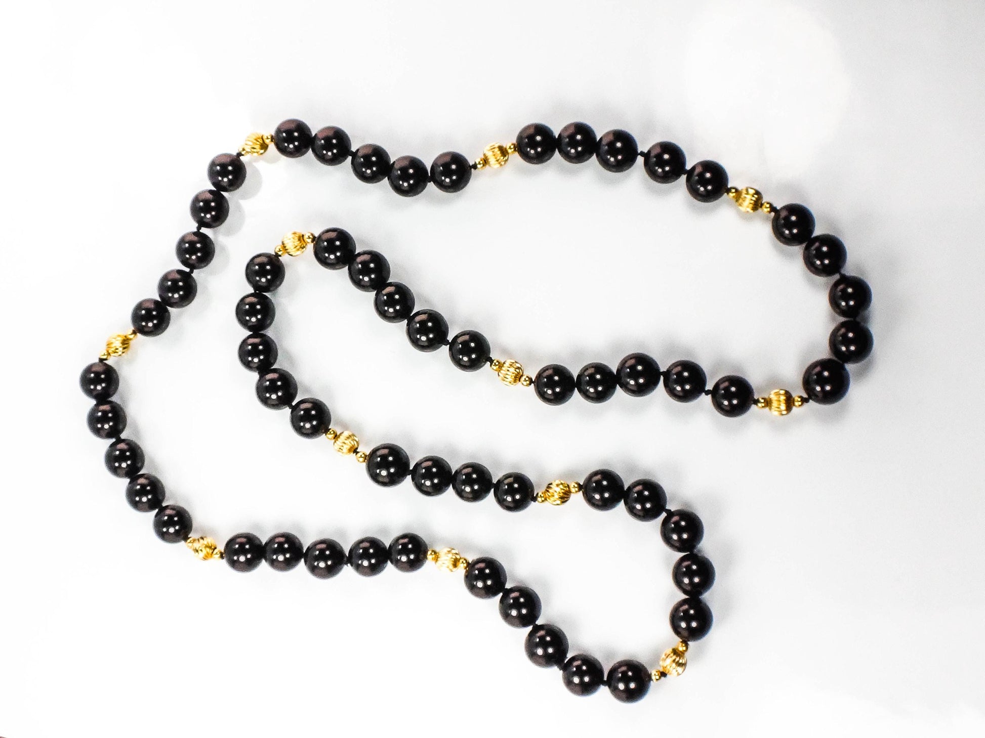 Vintage Black Onyx and 14k Gold Bead Necklace, 10 MM Natural Stone Necklace 29.5"