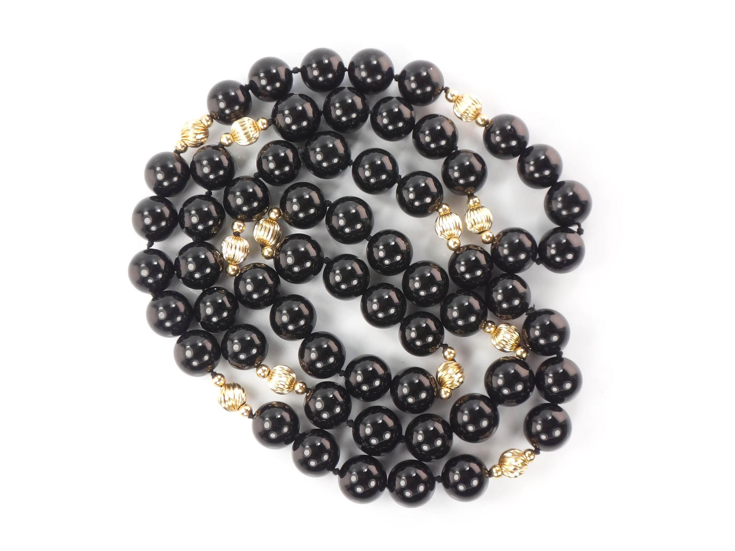 Vintage Black Onyx and 14k Gold Bead Necklace, 10 MM Natural Stone Necklace 29.5"