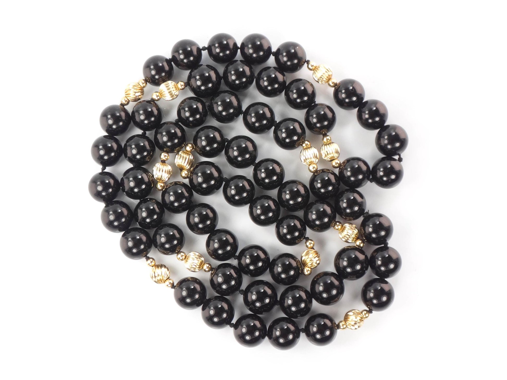 Vintage Black Onyx and 14k Gold Bead Necklace, 10 MM Natural Stone Necklace 29.5"