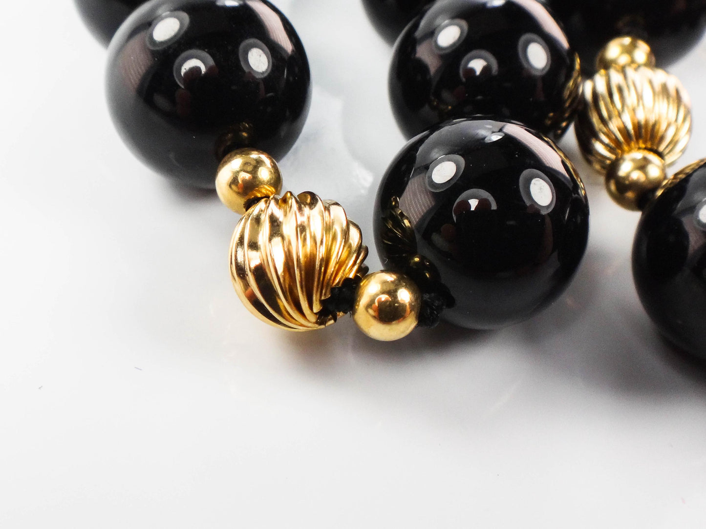 Vintage Black Onyx and 14k Gold Bead Necklace, 10 MM Natural Stone Necklace 29.5"