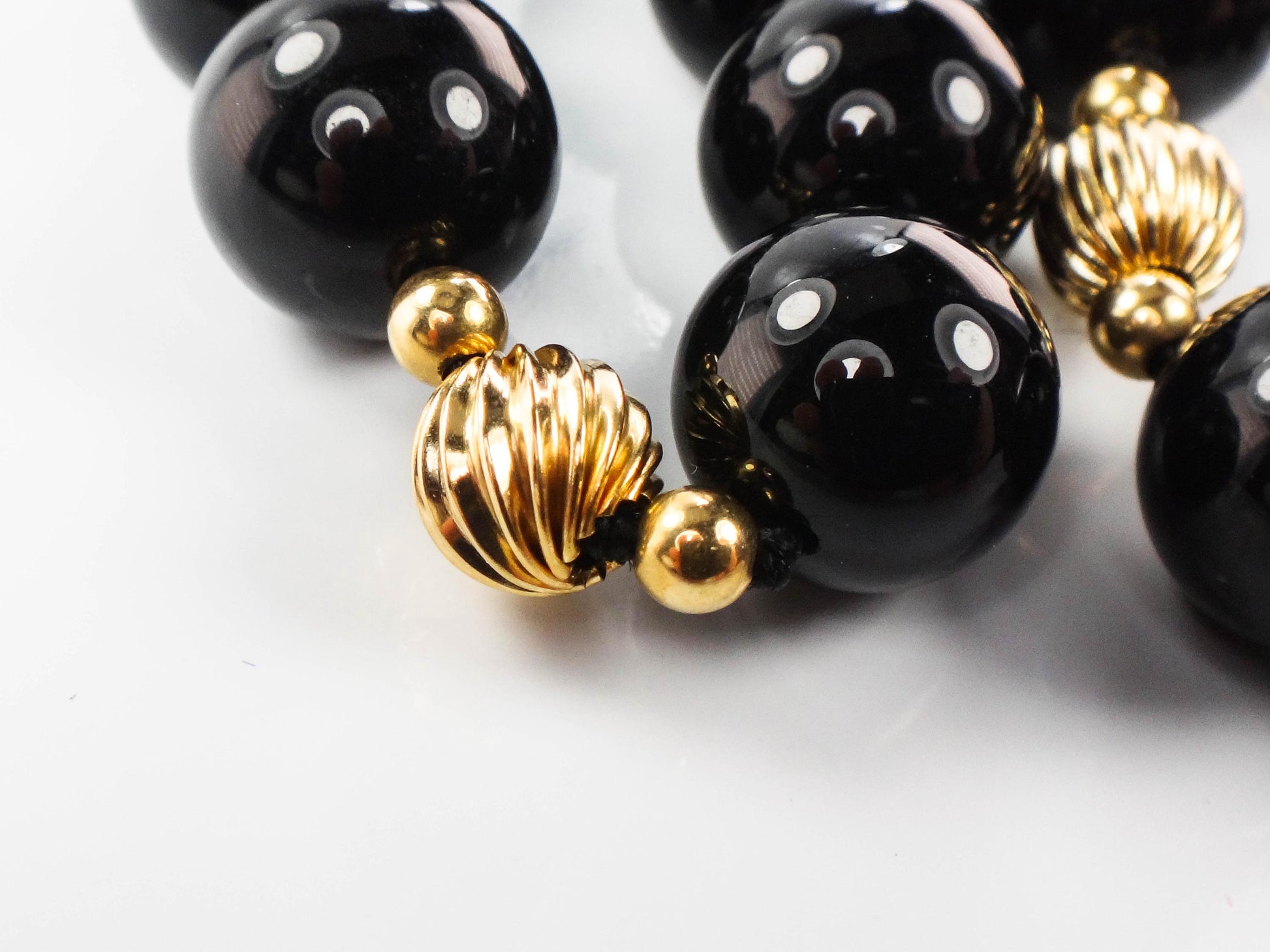 Vintage Black Onyx and 14k Gold Bead Necklace, 10 MM Natural Stone Necklace 29.5"