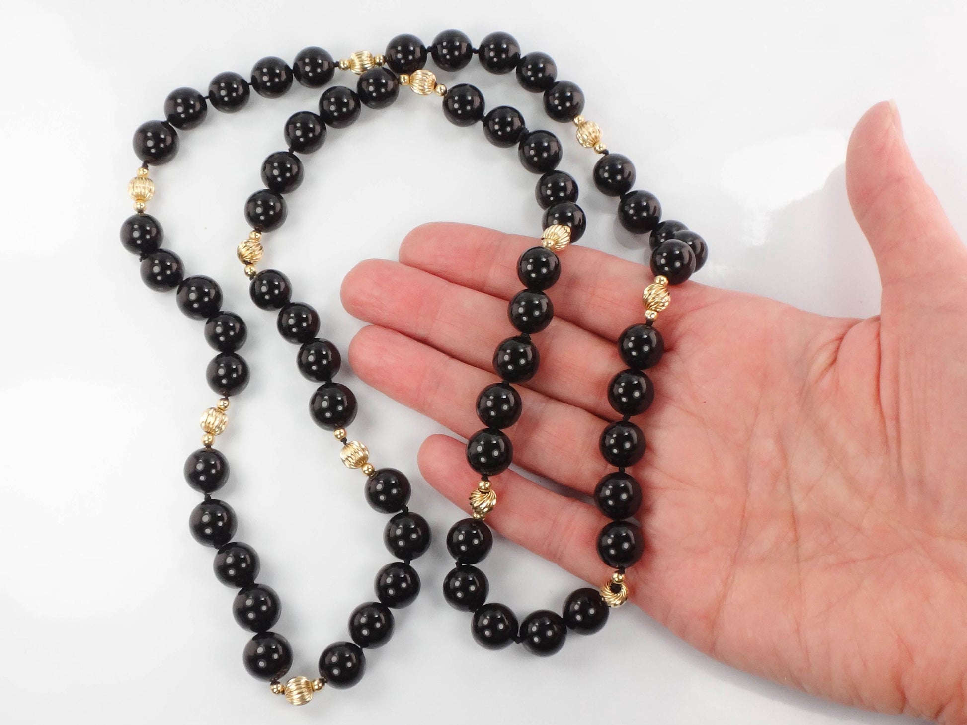 Vintage Black Onyx and 14k Gold Bead Necklace, 10 MM Natural Stone Necklace 29.5"