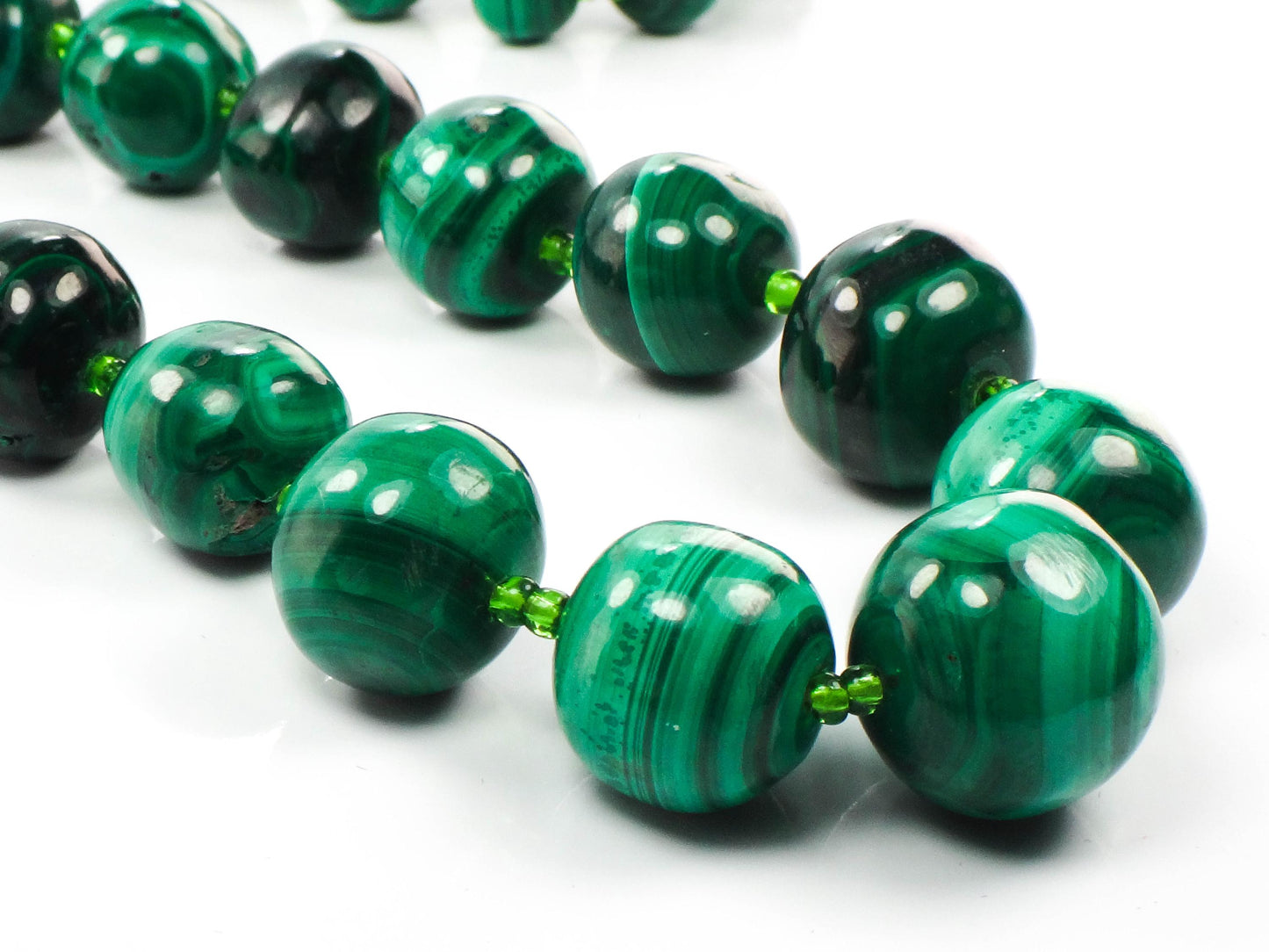Vintage Natural Malachite Bead Necklace, Tapered Green Stone Necklace, 26"