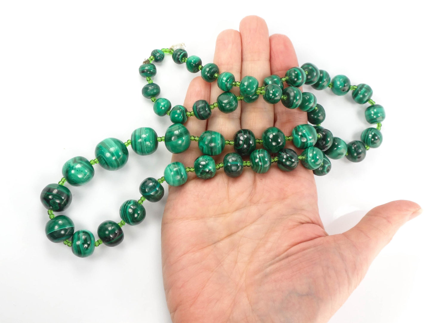 Vintage Natural Malachite Bead Necklace, Tapered Green Stone Necklace, 26"