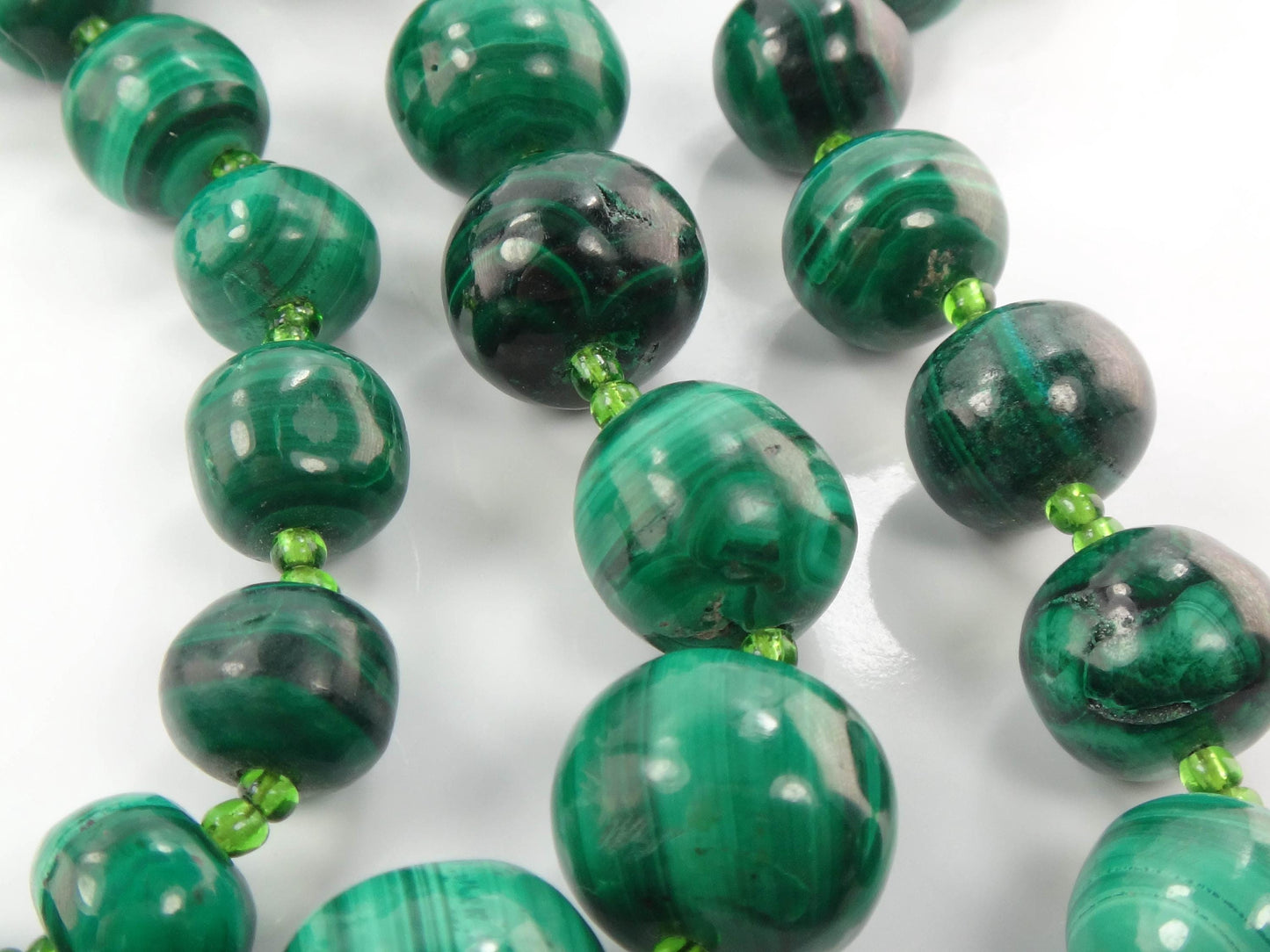 Vintage Natural Malachite Bead Necklace, Tapered Green Stone Necklace, 26"