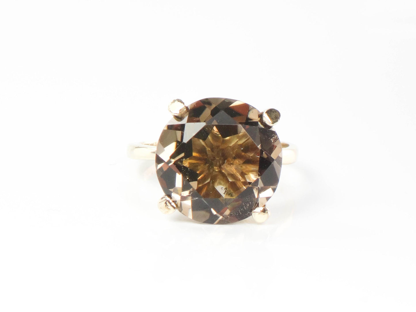 Vintage 14k Yellow Gold Smoky Quartz Ring - 1970s Statement Ring, Size 8