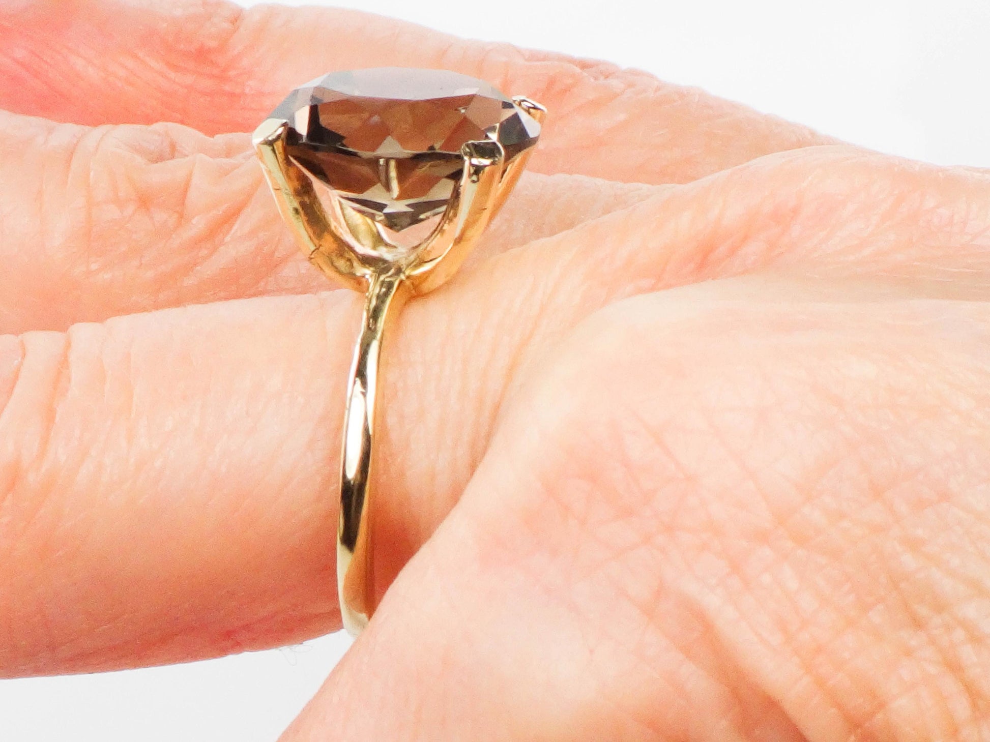 Vintage 14k Yellow Gold Smoky Quartz Ring - 1970s Statement Ring, Size 8