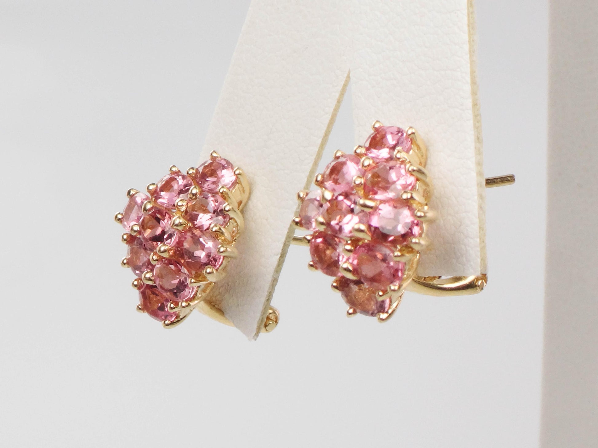 Vintage 14k Yellow Gold Pink Tourmaline Cluster Earrings - Omega Back Pink Stone Earrings - October Birthstone