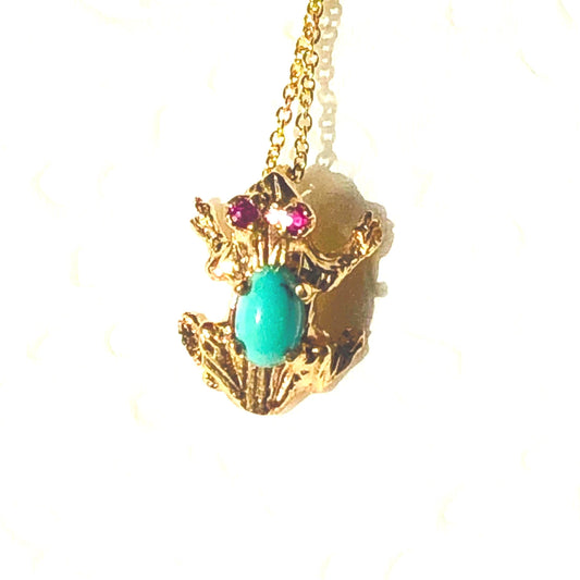 Vintage 14k Gold Turquoise and Ruby Frog Necklace, Tiny Jeweled Frog Pendant on 18&quot; Chain