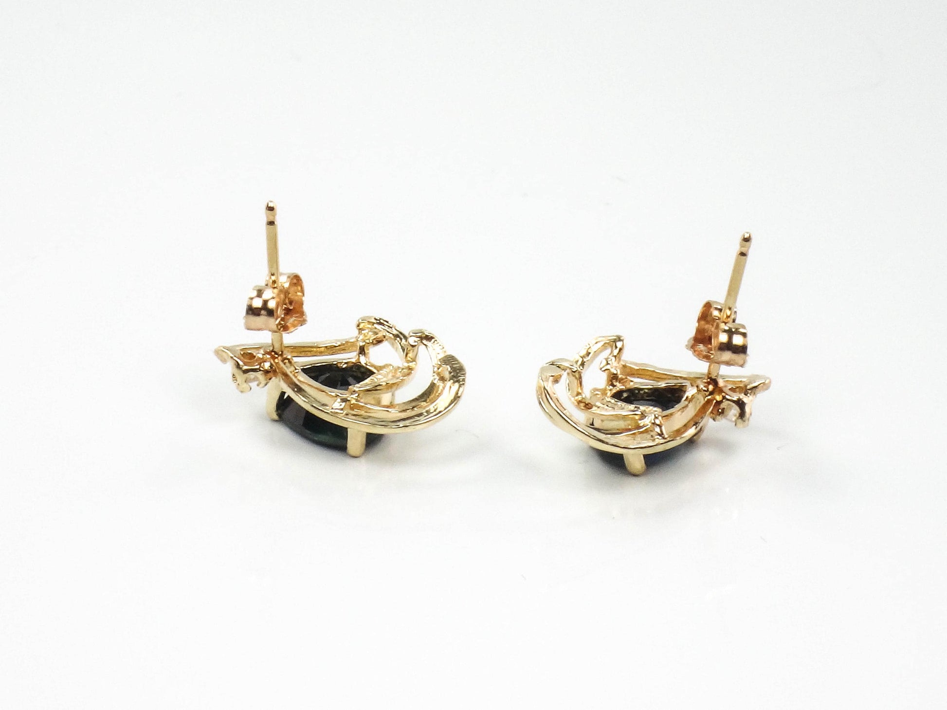 Vintage 14k Yellow Gold Sapphire Stud Earrings with Diamond Accents