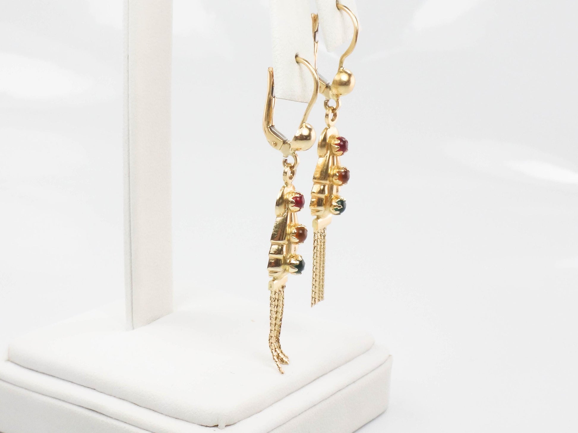 Fringe Dangle Earrings - Vintage 14k Yellow Gold Boho Style Multi-Color Glass Earrings with Lever Backs