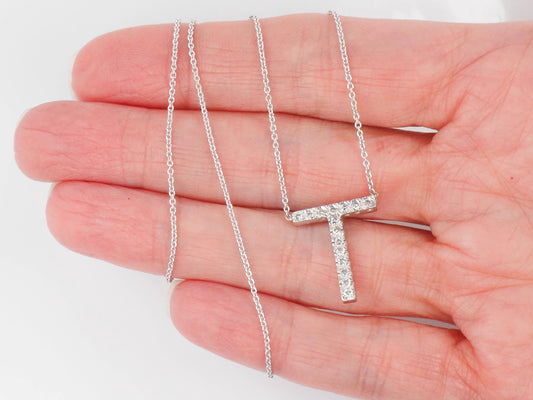 Vintage 14k White Gold Letter T Diamond Necklace, Initial T Necklace 16.5"