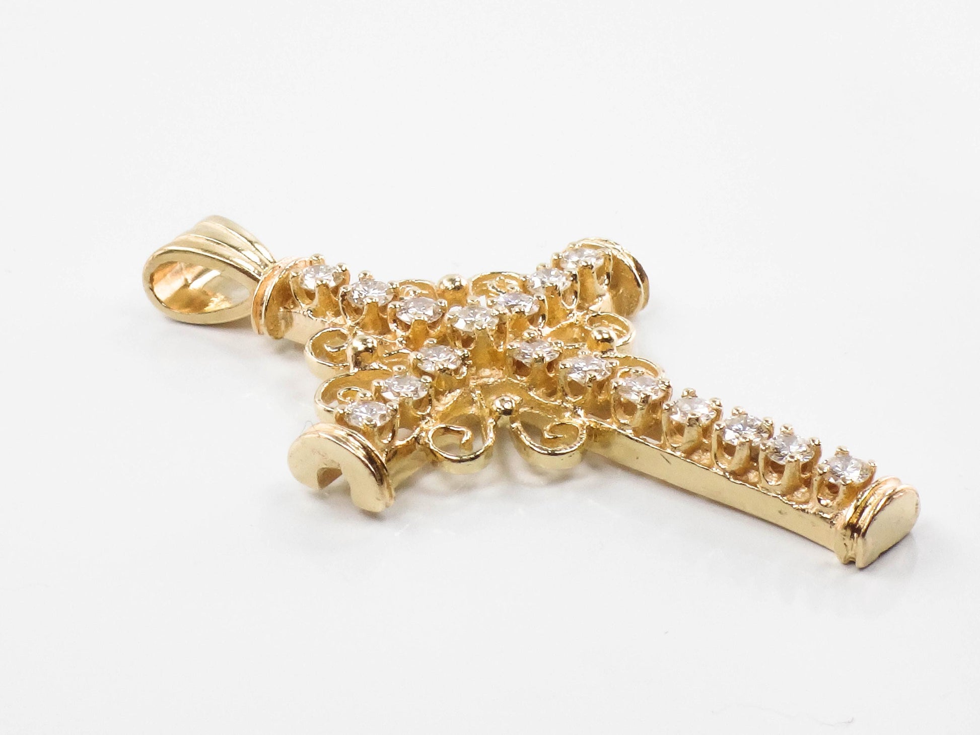Large 14k Diamond Cross Pendant - Vintage Yellow Gold Approximately 1 Carat TDW Natural Stones - Fine Jewelry