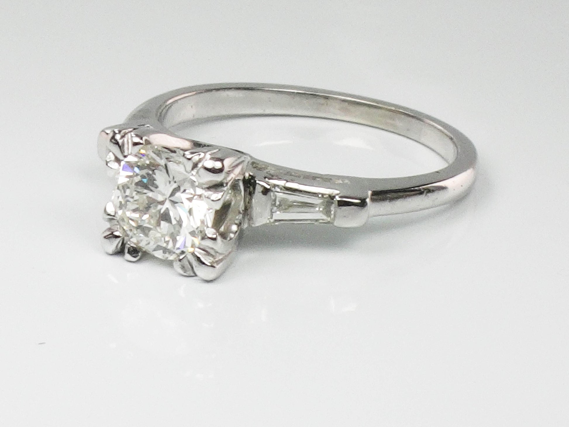 Vintage 14k White Gold Diamond Engagement Ring with Baguettes, Size 6