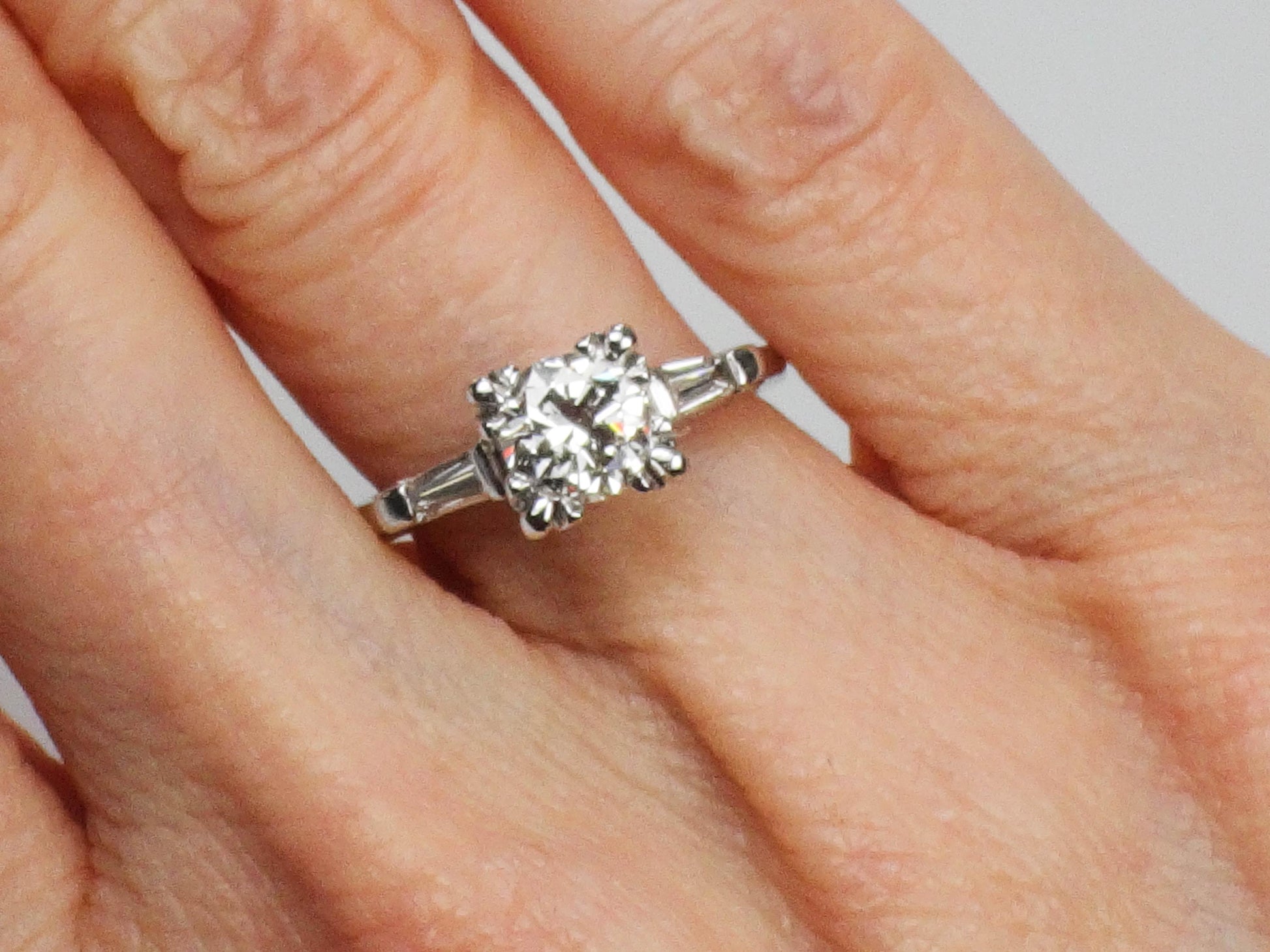 Vintage 14k White Gold Diamond Engagement Ring with Baguettes, Size 6