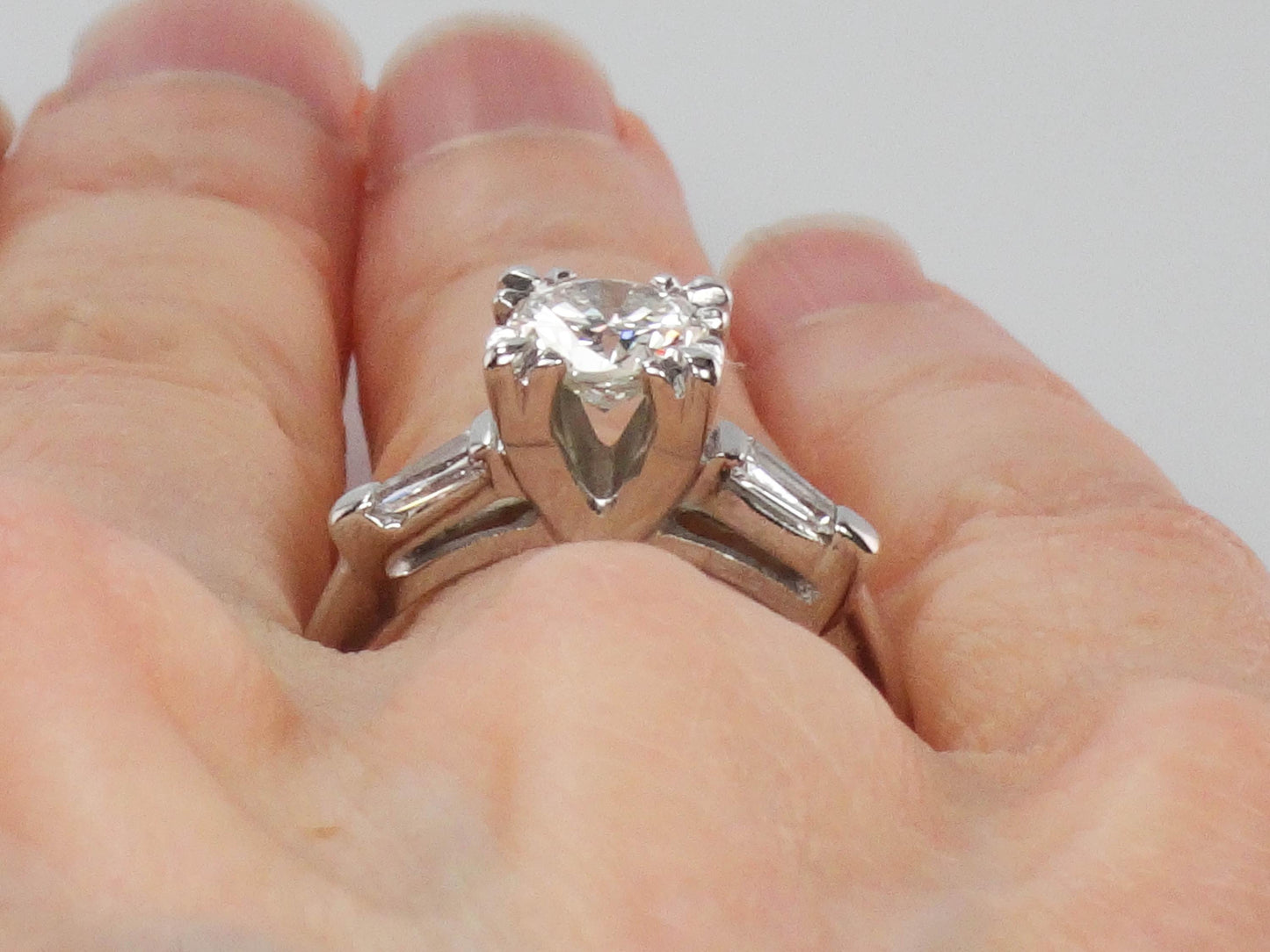 Vintage 14k White Gold Diamond Engagement Ring with Baguettes, Size 6