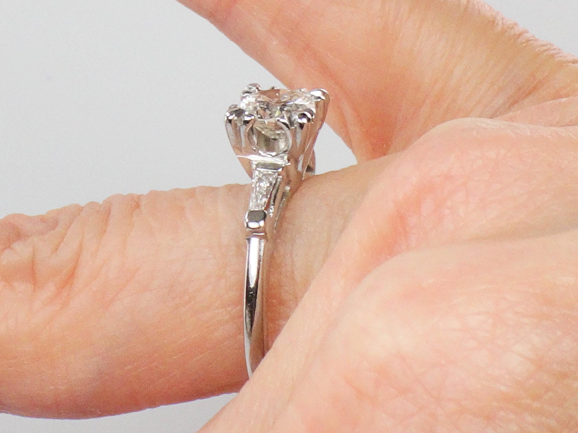 Vintage 14k White Gold Diamond Engagement Ring with Baguettes, Size 6