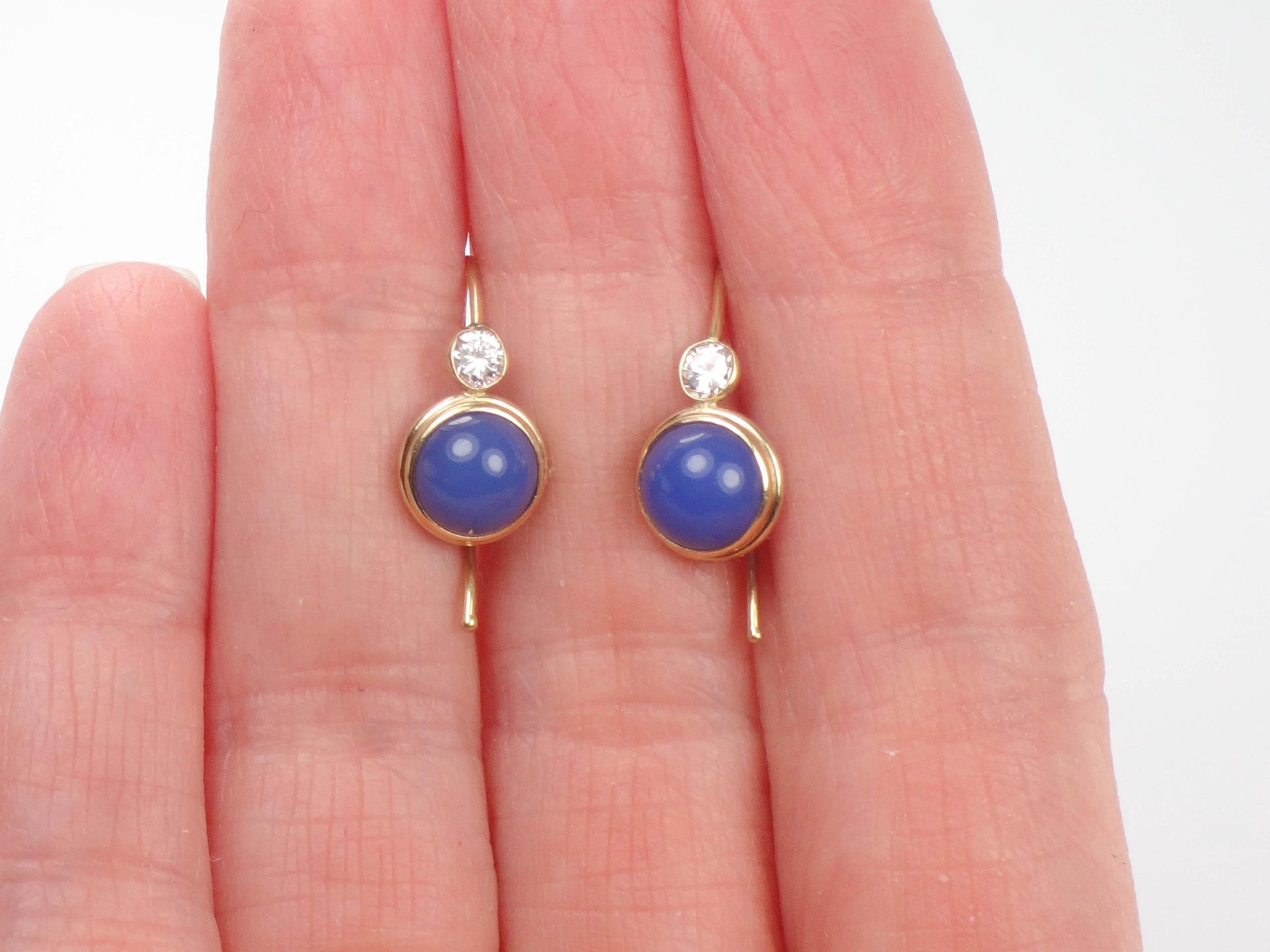 Vintage14k Yellow Gold Blue Cabachon and CZ Dangle Earrings