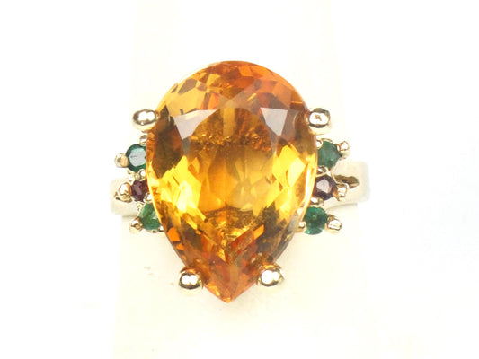 Vintage 14k Yellow Gold Natural Citrine, Emerald and Ruby Ring, Golden November Birthstone Ring, Size 8.25