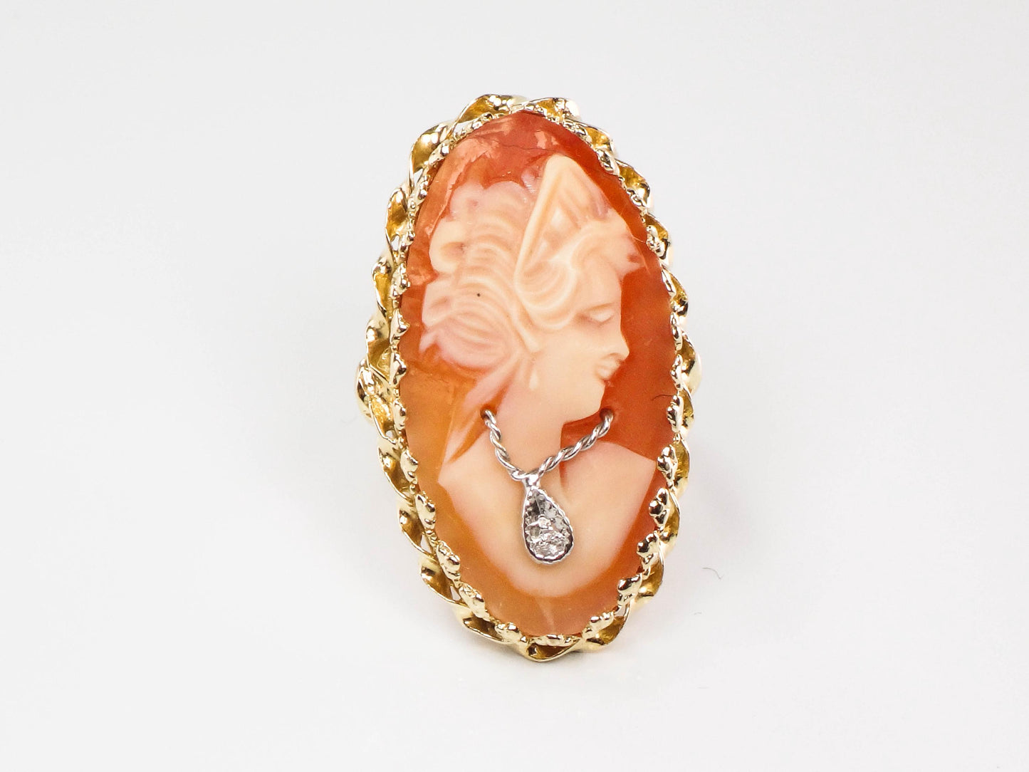 Vintage Large 14k Yellow Gold Cameo Diamond Ring, Shell Cameo with Diamond Necklace Ring, Size 6.75