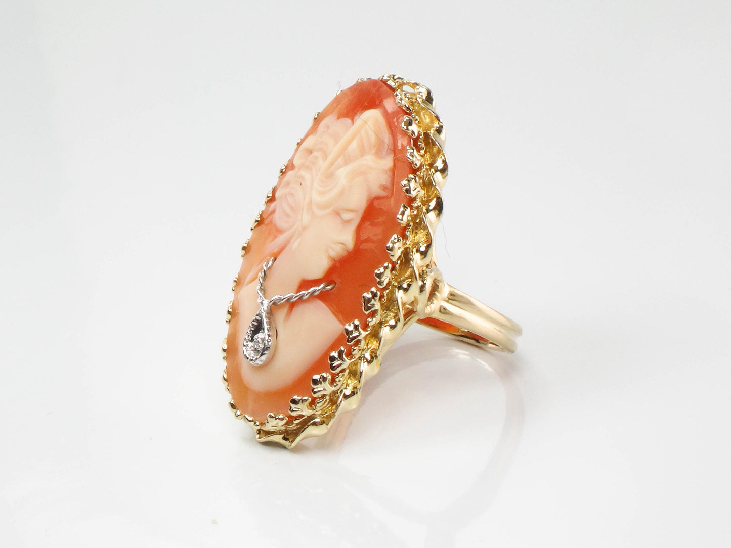 Vintage Large 14k Yellow Gold Cameo Diamond Ring, Shell Cameo with Diamond Necklace Ring, Size 6.75