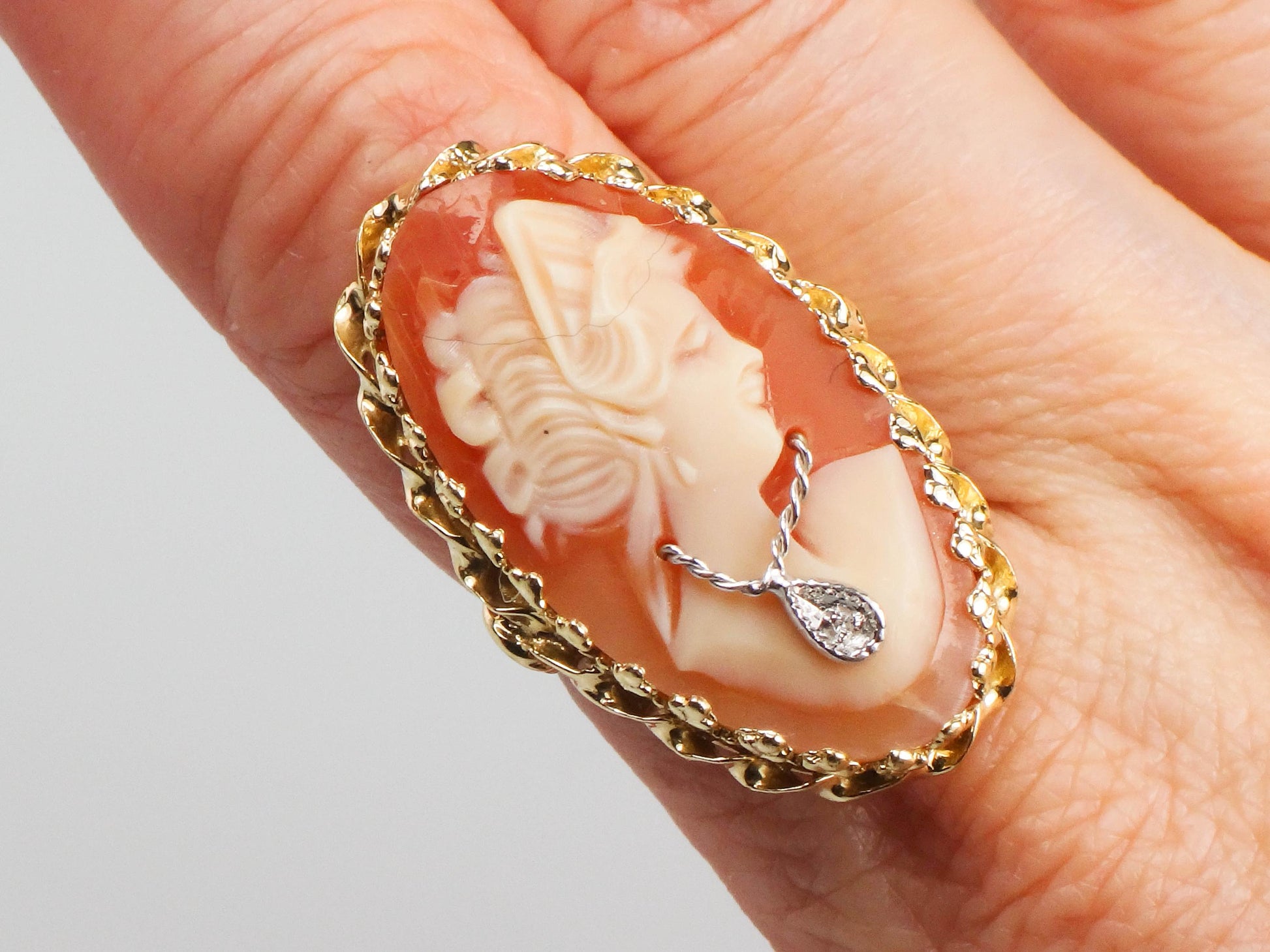 Vintage Large 14k Yellow Gold Cameo Diamond Ring, Shell Cameo with Diamond Necklace Ring, Size 6.75