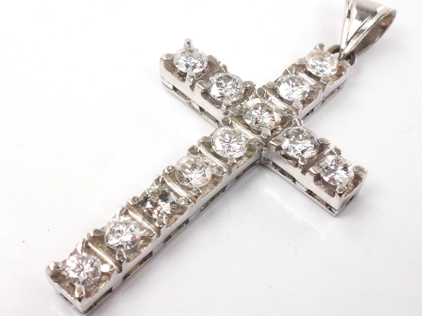 Vintage Large 14k White Gold Natural Diamond Cross Pendant, Approximately 1.2 CTS TDW Unisex Cross