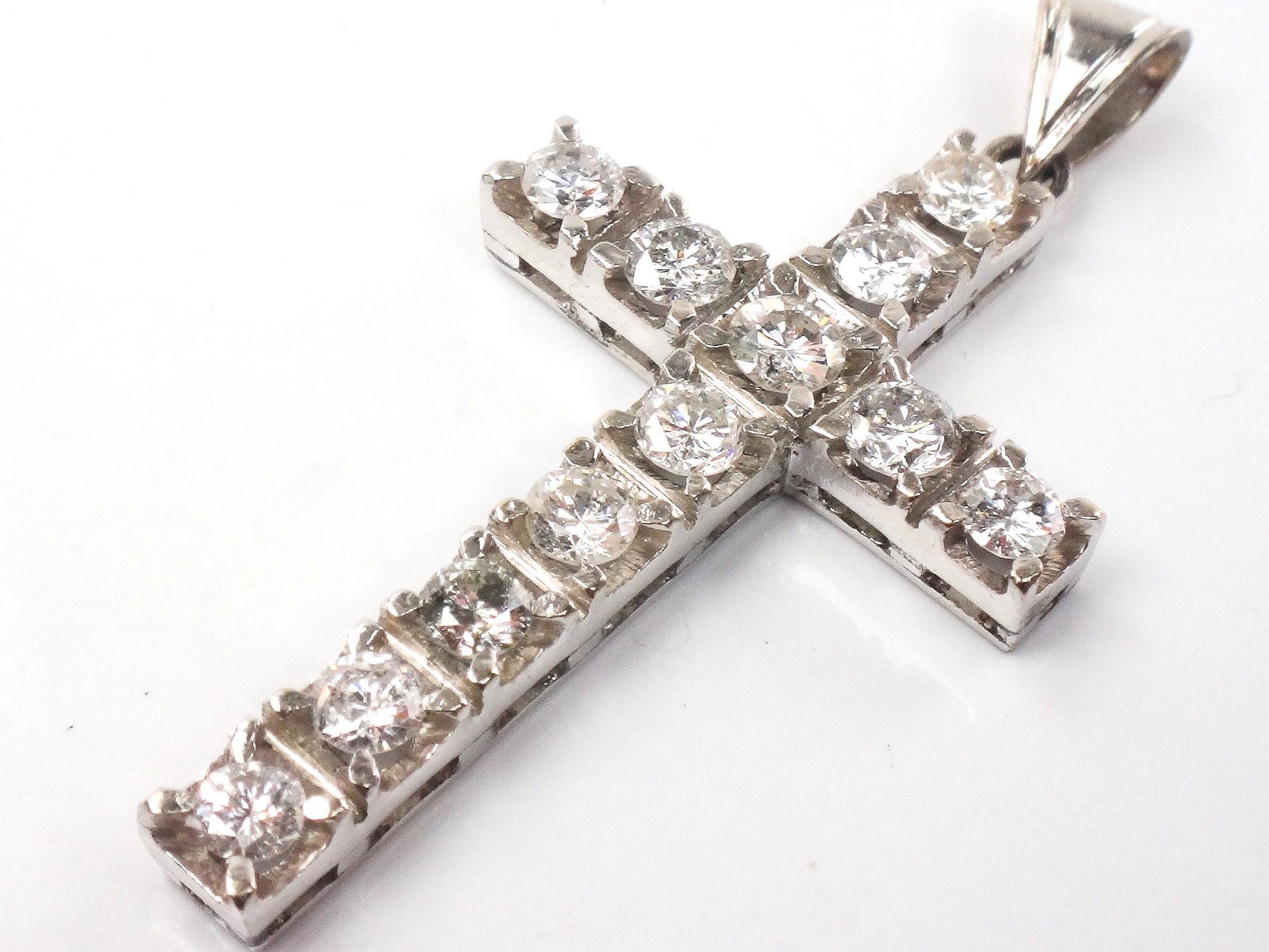 Vintage Large 14k White Gold Natural Diamond Cross Pendant, Approximately 1.2 CTS TDW Unisex Cross