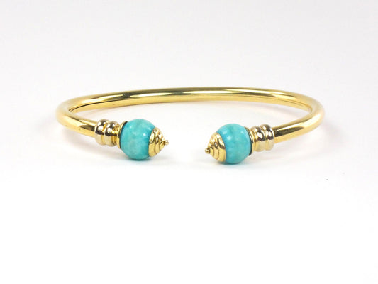 Vintage 18k Yellow Gold Turquoise Bangle Bracelet with Ball Ends Cuff Bracelet