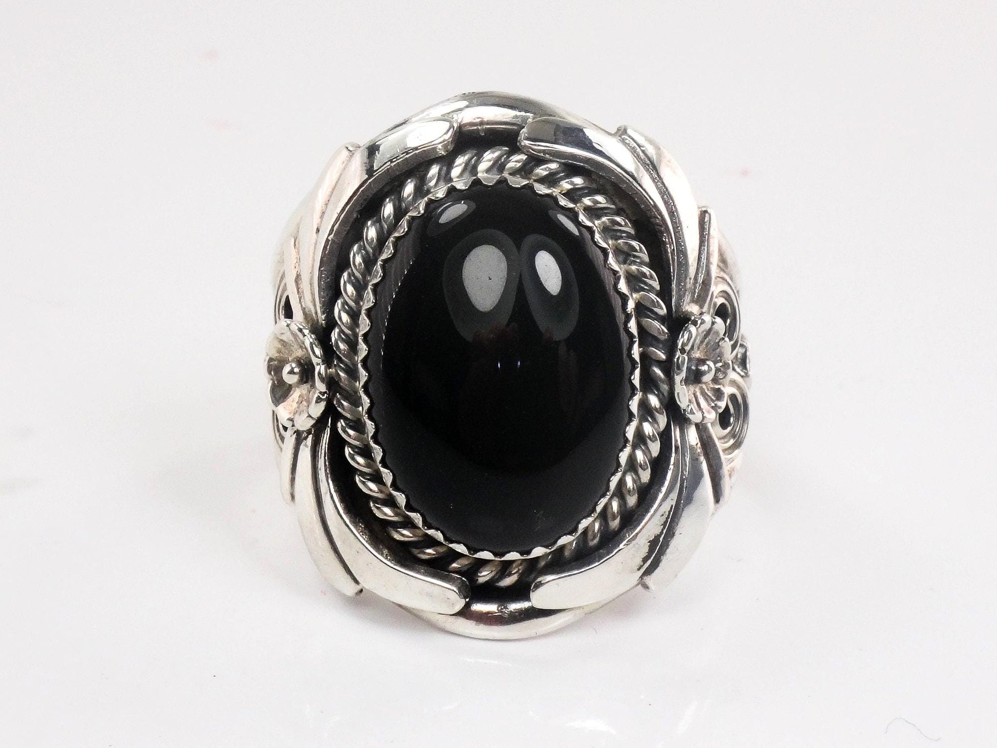 Vintage Large Sterling Silver Onyx Ring, Men&#39;s Southwestern Style Ring, Size 12.75