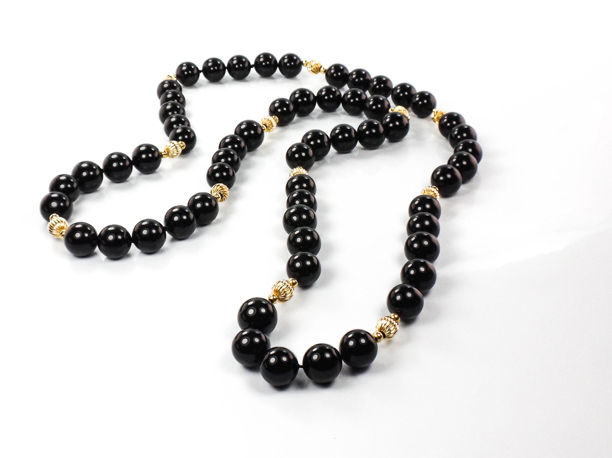 Vintage Black Onyx and 14k Gold Bead Necklace, 10 MM Natural Stone Necklace 29.5&quot;