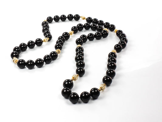 Vintage Black Onyx and 14k Gold Bead Necklace, 10 MM Natural Stone Necklace 29.5&quot;