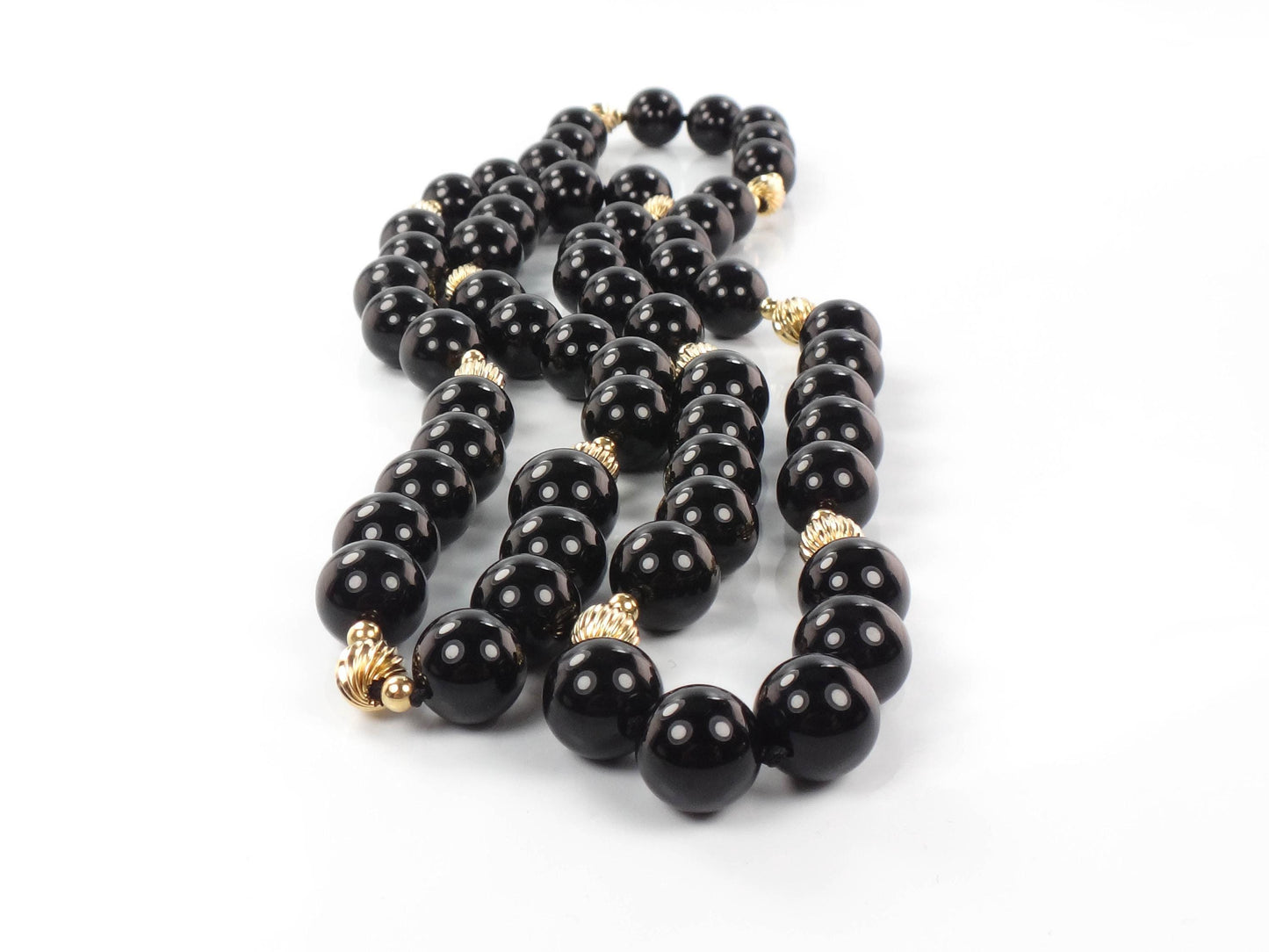Vintage Black Onyx and 14k Gold Bead Necklace, 10 MM Natural Stone Necklace 29.5"