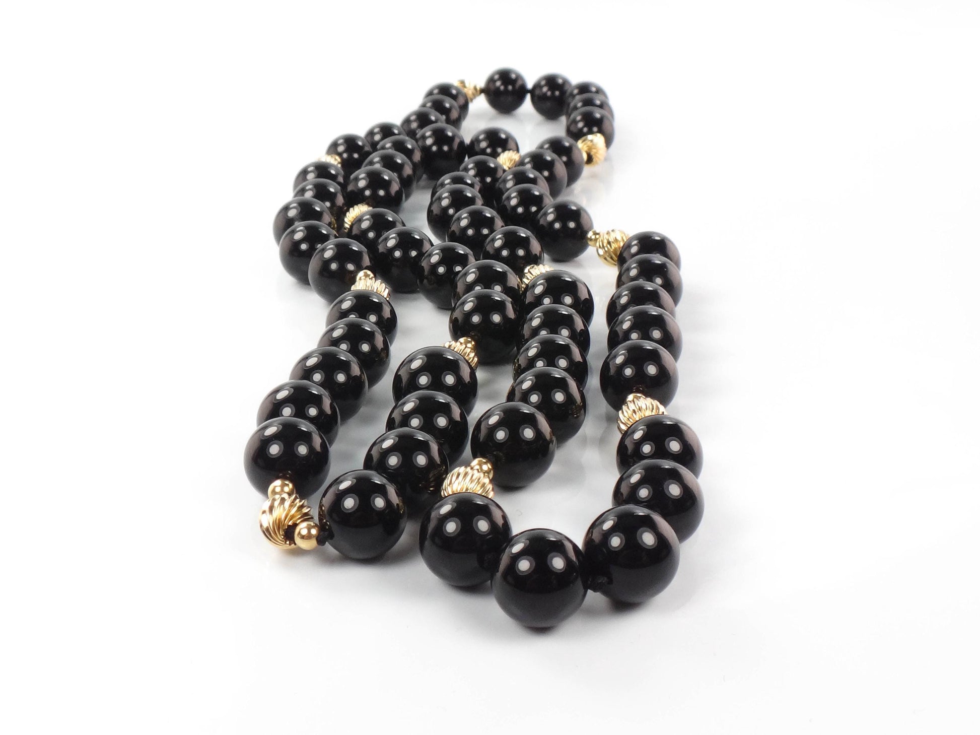 Vintage Black Onyx and 14k Gold Bead Necklace, 10 MM Natural Stone Necklace 29.5"