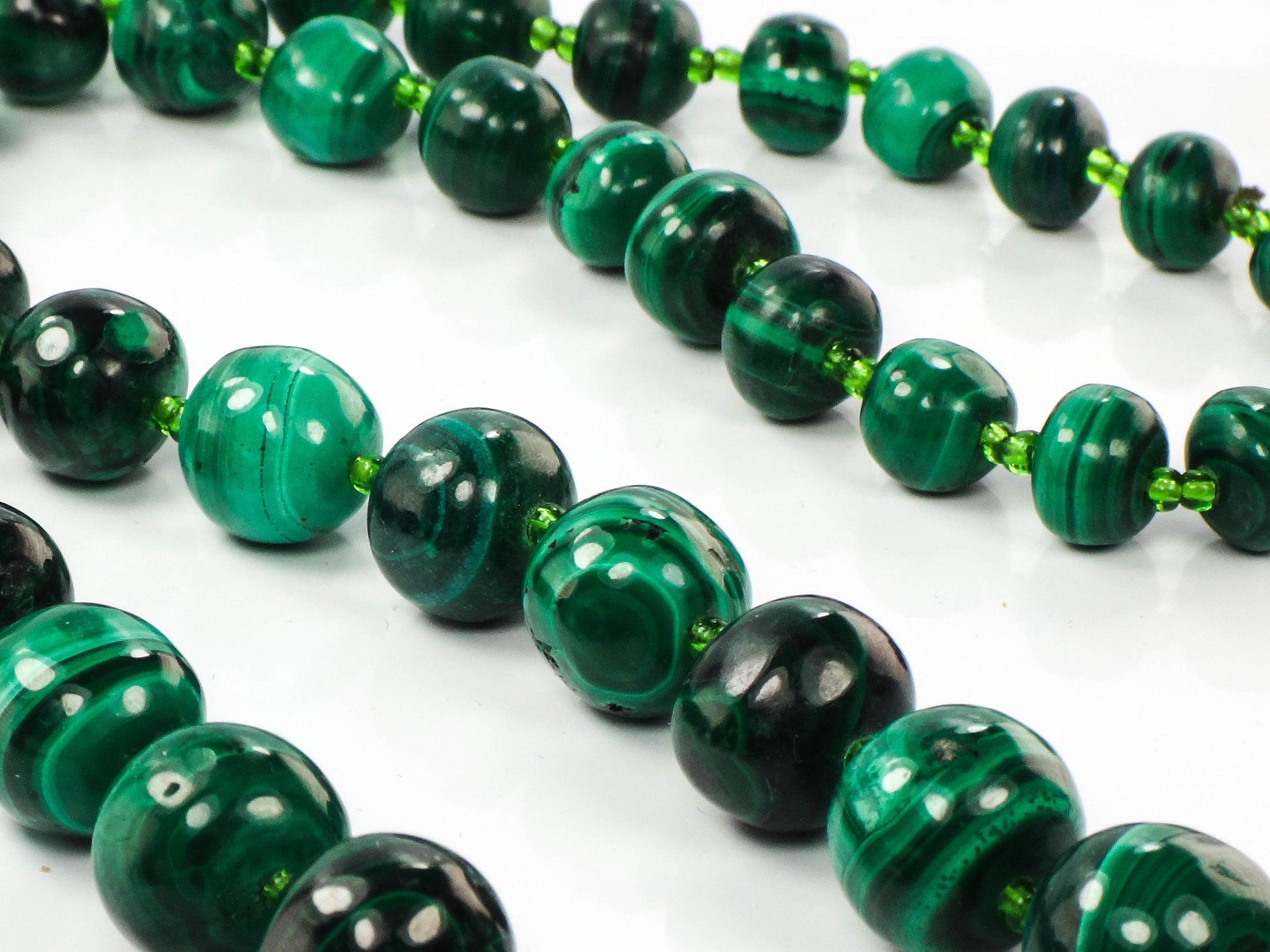 Vintage Natural Malachite Bead Necklace, Tapered Green Stone Necklace, 26"