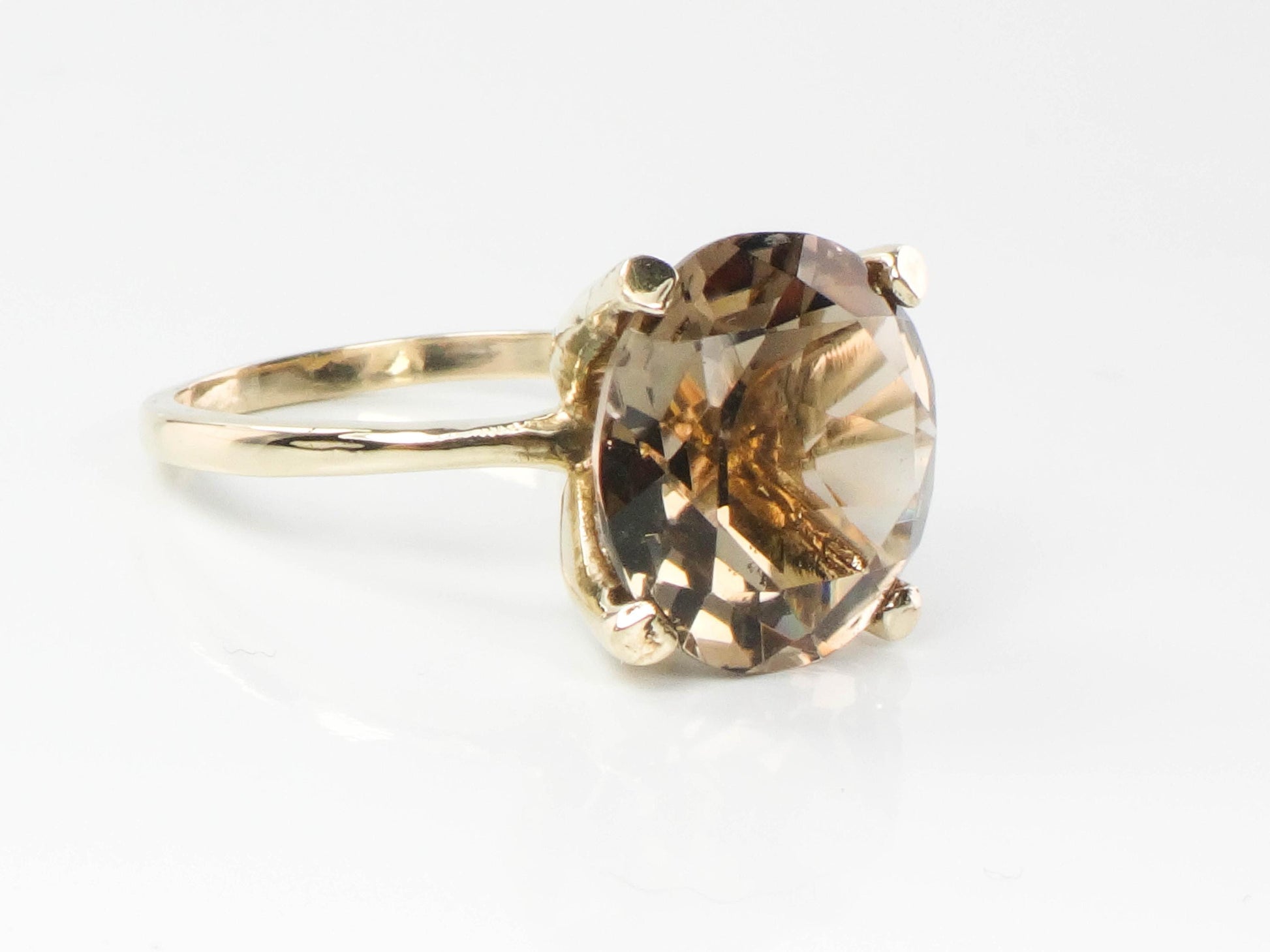 Vintage 14k Yellow Gold Smoky Quartz Ring - 1970s Statement Ring, Size 8